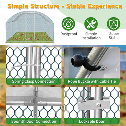 VINGLI Large Metal Chicken Coop, 13.1x9.8 6.5 ft Poultry Cage for Chicken Run, Walk-in Chicken Pen with Waterproof & Anti-UV Cover for Yard Outdoor (Silver-Dome Roof)