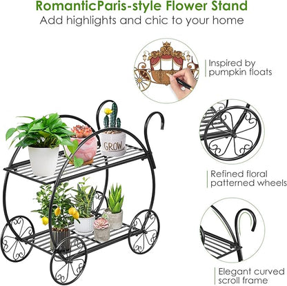 S AFSTAR Metal Plant Stand, Two Tiered Garden Cart Shelf for Indoor Outdoor Home Garden Patio, Parisian Style Flower Pot Holder, Stable and Durable