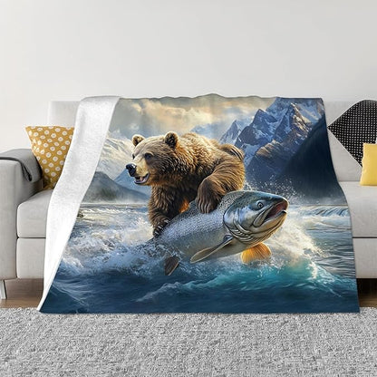 Tijuboni Bear Fish Throw Blanket Cabin Bear Gifts for Women Men Girls Boys Kids Adults Soft Flannel Fleece Blanket for Couch Sofa Bed Home Decor 60"x80"