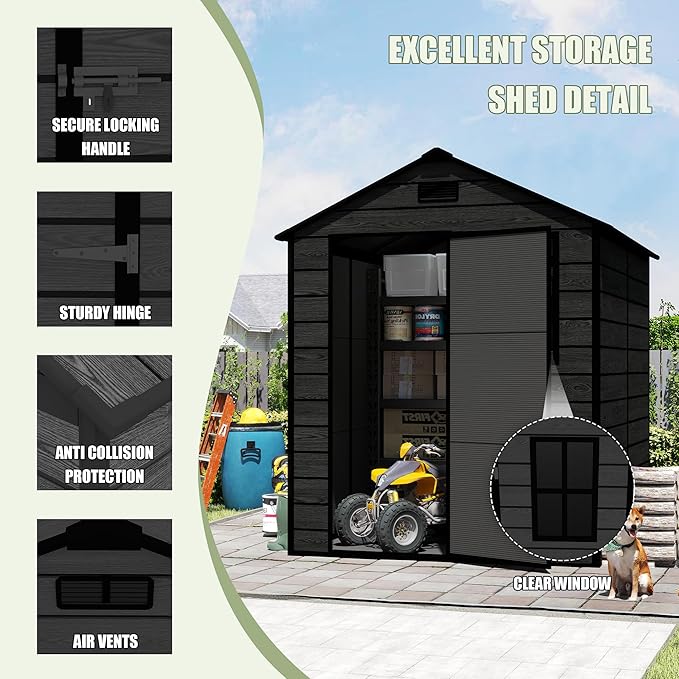 6x6 ft Outdoor Storage Shed,Garden Shed W/Window,Resin Storage Shed W/Air Vent & Lockable Door,Weatherproof Tool House W/Sloped Roof,for Backyard Patio Lawn,Black