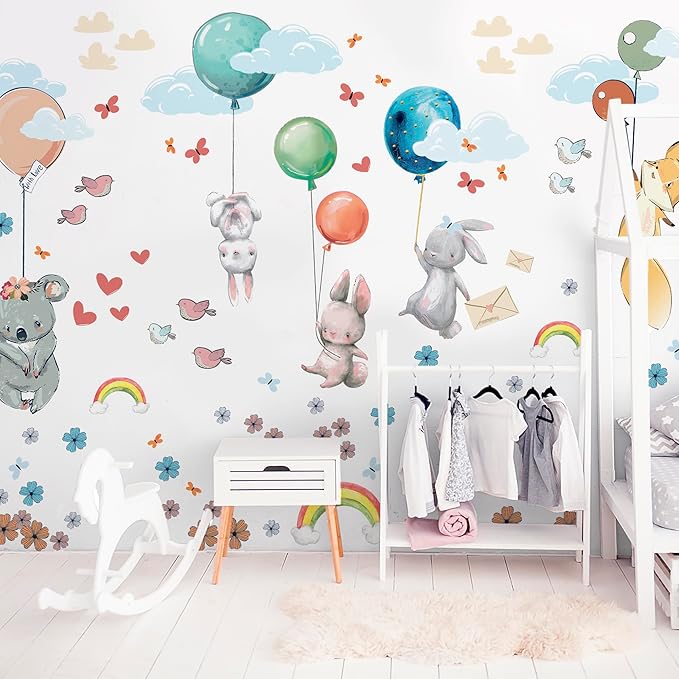 Hot Air Balloon Wall Decals by Lipastick - Peel and Stick Animal Stickers Raccoon, Fox, Koala, Panda for Kids Room, Nursery, Playroom, Bedroom - Removable Wall Decor for Boys, Girls, Babies - XXL Size