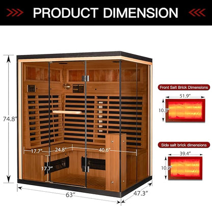 Infrared Sauna, 3-4 Person Home Sauna with Himalayan Salt Panel & 10 Minutes Warm-up System, Indoor Sauna Spa Room with Canadian Hemlock&Panoramic Tempered Glass,220V