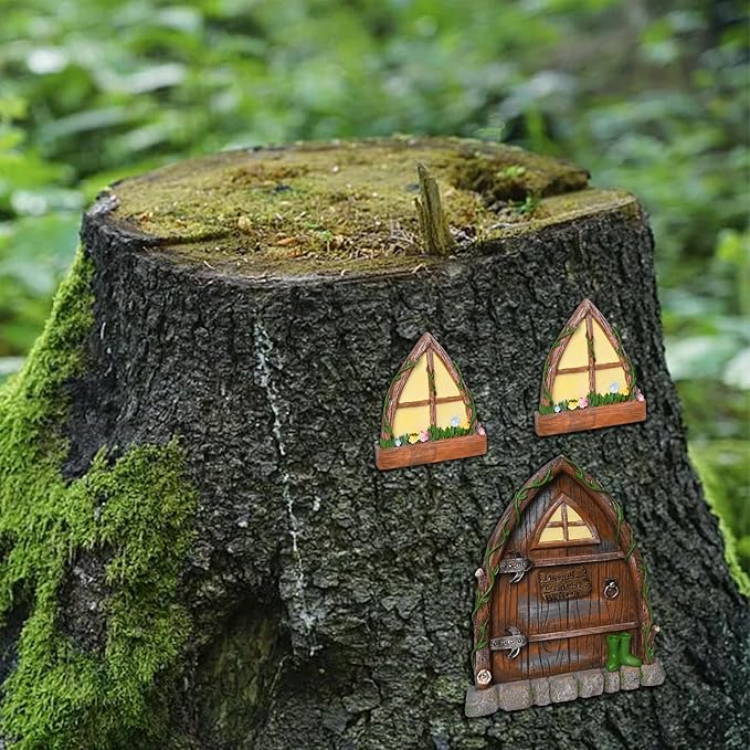Resin Fairy Door and Window for Trees,Glow in The Dark,Miniature Fairy Garden Accessories,Garden Outdoor Decor for Trees,Gnomes House，Elf House
