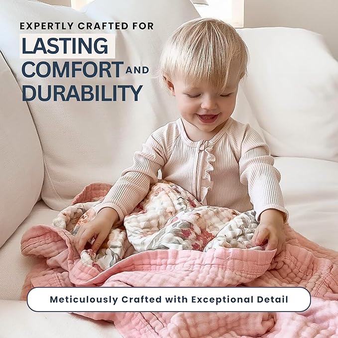 100% Cotton Muslin Baby Blanket - Large Reversible Receiving Blankets for Baby Girls, Soft & Lightweight, Perfect Muslin for Newborns, Infants & Toddlers, 7 Layers Design, Machine Washable, Pink