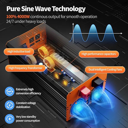 4000W Pure Sine Wave Power Inverter 12V DC to 110V AC Converter Peak Power 8000W for RV Truck Off-Grid Solar Car Inverter with 4 AC Outlets, 2 USB & 1 Type-C Ports, Hardwire Kit, Remote Controller