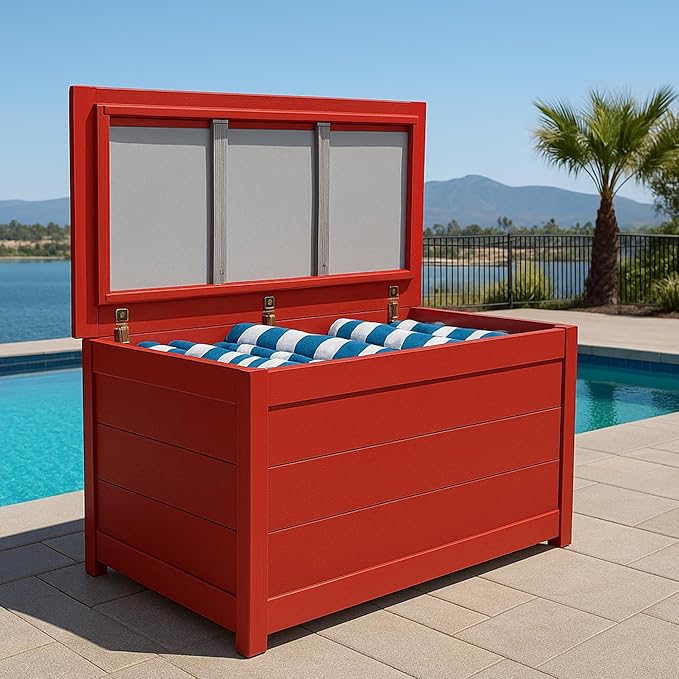 DutchCrafters Poly Waterproof Outdoor Deck Box 200-Gallon Large Deck Box Weatherproof Storage for Pool Decor, Porch Packages, Pool Towel Holder, Holds Up To 10 Cushions (Weatherwood & White)