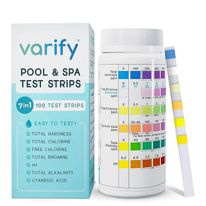 Varify 7 in 1 Pool and Spa Test Strips- Easy to Use Water Testing Kit for Pool, Spa, Hot Tub & More - Tester Strip for Water Hardness, Chlorine, Bromine, pH, Alkalinity and Cyanuric Acid (100 Strips)