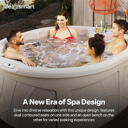 LifeSmart 4-Person Hot Tub, Outdoor Spa with Cover and LED Lights, Circular, Beige - Above-Ground Spa Machine with Accessories for Home and Personal Relaxation