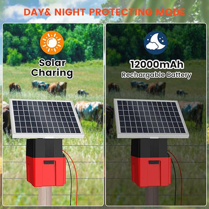Solar-Powered Electric Fence Charger with Alarm,1.2 Joule Output, Up to 20 Miles Coverage,12000mAh Battery &10W Solar Panel Energizer for Livestock & Predator Deterrence