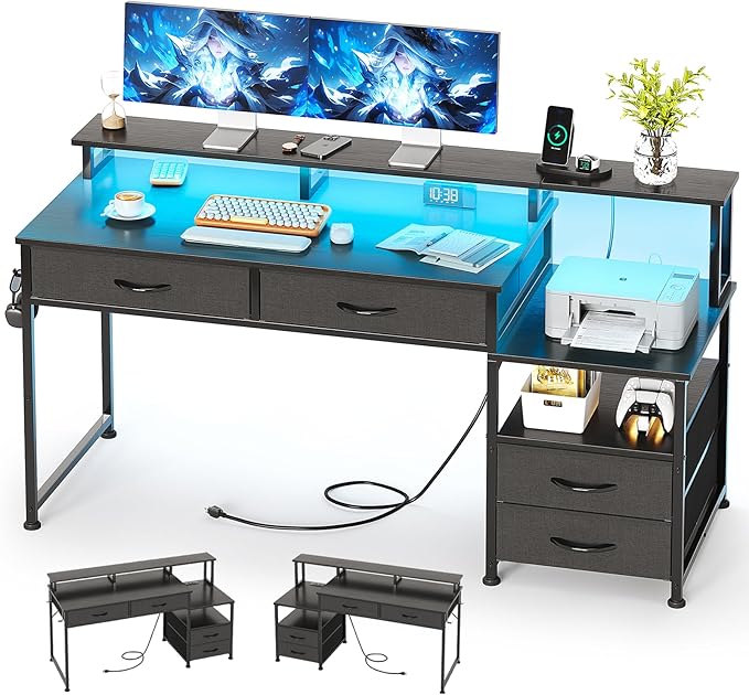 53" Computer Desk with 4 Drawers & Power Outlets, Reversible Home Office Desk with Monitor Stand & Printer Stand, Gaming Desk with Led Lights, Study Writing Work Desk Table for Bedroom (Black)