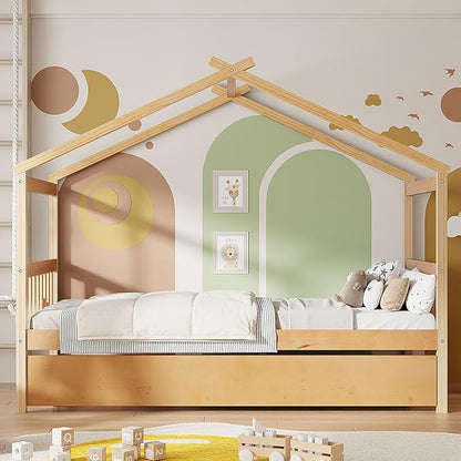 Harper & Bright Designs Twin House Bed for Kids, Wood Platform Bed with Trundle, Montessori Bed with Roof, Playhouse Trundle Beds for Kids,Teens, Bedroom, Natural