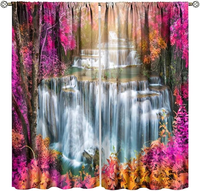 Waterfall Blackout Window Curtains, Nature Landscape Fores Theme Rod Pocket Window Drapes, for Living Room Bedroom 42" W X 54" L