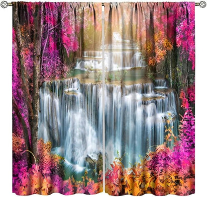 Waterfall Blackout Window Curtains, Nature Landscape Fores Theme Rod Pocket Window Drapes, for Living Room Bedroom 42" W X 54" L