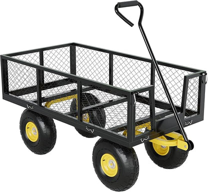 500 Lbs Garden Wagon, 2-in-1 Heavy-Duty Steel Garden Cart, with 10 Inch All-Terrain Tires and Removable Mesh Side Panels, 180° Rotating Handle, Metal Utility Yard Trailer, Outdoor Gardens Wagon Cart