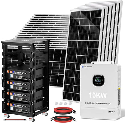ECO-WORTHY 10KW Output 18.72KWH Home Solar Power System Complete kit:24pcs 195W Solar Panel(4680W)+10KW 120V/240V Inverter + 4pcs 48V 100AH Lithium Battery,for Off Grid/Energy Freedom