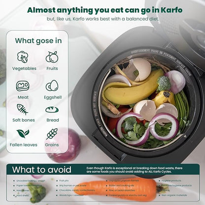 Karfo Electric Composter for Kitchen, Smart Compost Bin Outdoor/Indoor, Odorless Single-Button Auto Operation, Turn Food Waste to Fertilizer for Plants, Food Waste Compost Machine （Black）