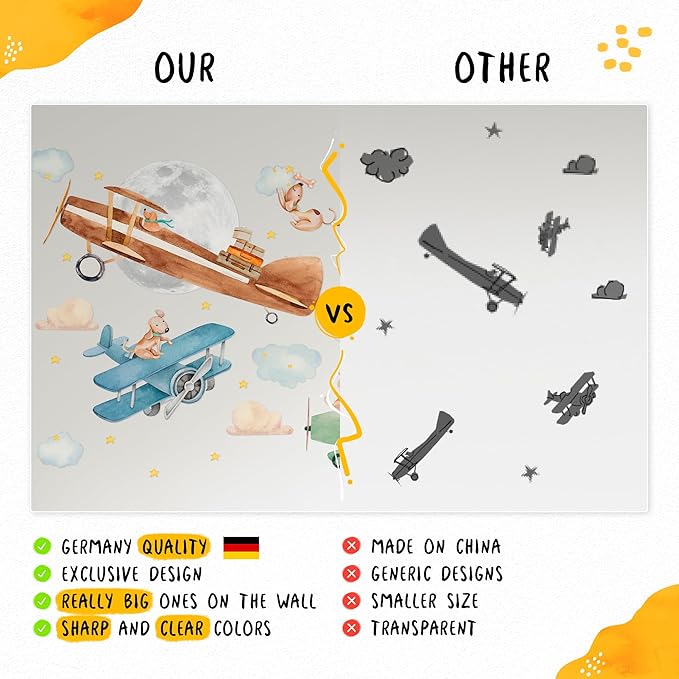 Airplane Wall Decals by Lipastick - Wall Stickers for Boys Room, Watercolor Vintage Plane Stickers for Kids, Baby Nursery, Toddler Bedroom Decor - Premium Vinyl Aircraft Art - S Size