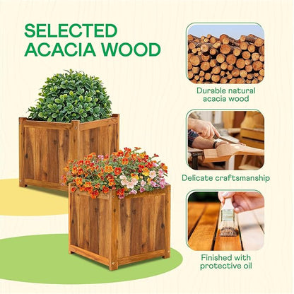 IDZO Set of 2 Acacia Wood Flower Planters for Outdoor Plants, Ergonomic Handles, Drainage Holes, Various Sizes, Ideal for Home Décor, Light Cherry