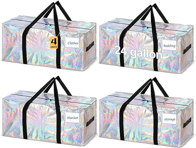 4 Pcs 24 Gallon Large Moving Bags with Zipper and Handles Foldable Storage Duffle Bags Heavy Duty Extra Large Totes for College Dorm Travel Clothes Blankets Bedding Moving (Iridescent)
