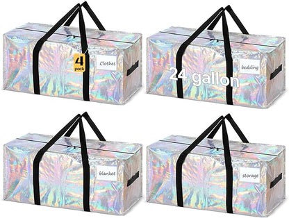 4 Pcs 24 Gallon Large Moving Bags with Zipper and Handles Foldable Storage Duffle Bags Heavy Duty Extra Large Totes for College Dorm Travel Clothes Blankets Bedding Moving (Iridescent)