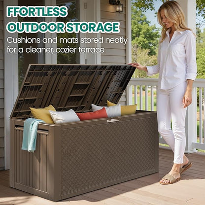 90 Gallon Outdoor Deck Box, Waterproof Outdoor Storage Box, Durable Resin Bin for Patio Cushions, Garden Tools and Pool Accessories, Lockable with UV Protection, Brown, Patio Furniture