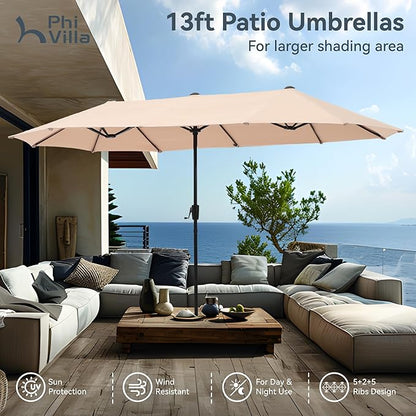 PHI VILLA 13ft Large Patio Umbrella Double-Sided Twin Outdoor Market Umbrella with Crank, Beige