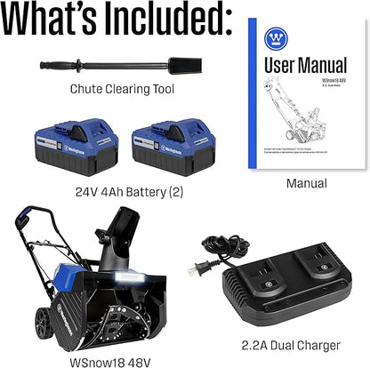 Westinghouse WSnow18 48V Cordless Snow Blower 18 Inch Kit, Steel Auger, LED Light, 1200W Brushless Motor, 25ft Throwing Distance, Plows 650lbs/min, Compatible with Snow Joe Batteries