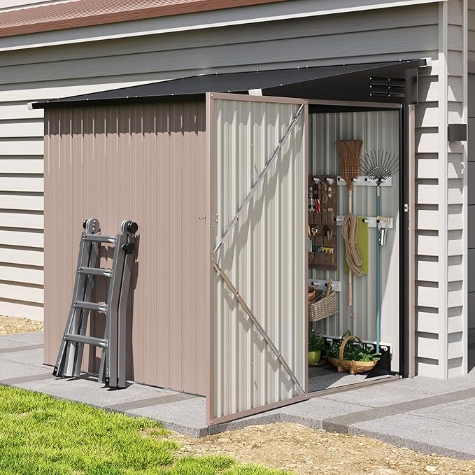 6'x4' Lean to Shed Galvanized Steel Storage Sheds with Side Door Waterproof Utility Shed with Sloped Roof for Mower, Bike, Garden Tools (Brown)