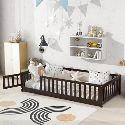 Twin Size Wood Montessori Bed Frame with Wood Slats, Fence & Door for Children Girls and Boys, Espresso (with Bed Slats)