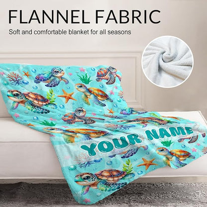 Personalized Turtle Gifts for Girls - 40" x 50" Inches Cute Turtle Throw Blanket for Boys Kids - Green Soft Fuzzy Blankets for Sofa, Crib & Bed