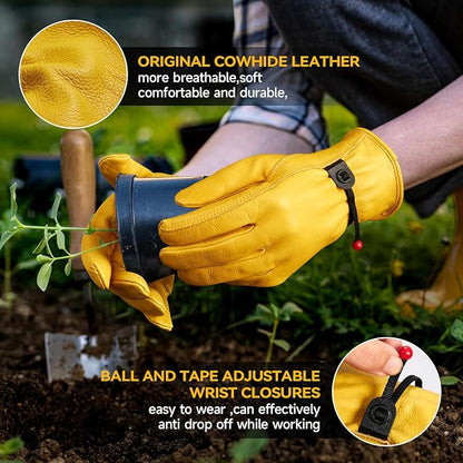 OZERO Leather Work Gloves for Men: X-Large 3 Pairs Cowhide Working Gloves for Driving Heavy Duty Mechanic Ranch - Women Gardening Glove