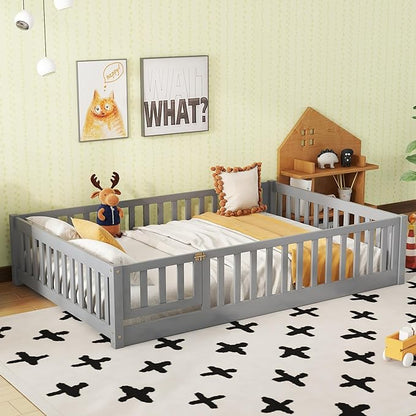 Bellemave Full Size Floor Bed Frame with Fence and Door for Kids, Montessori Floor Bed with Slats and Safety Guardrails,Solid Wood Full Bed Frame for Girls Boys,Grey