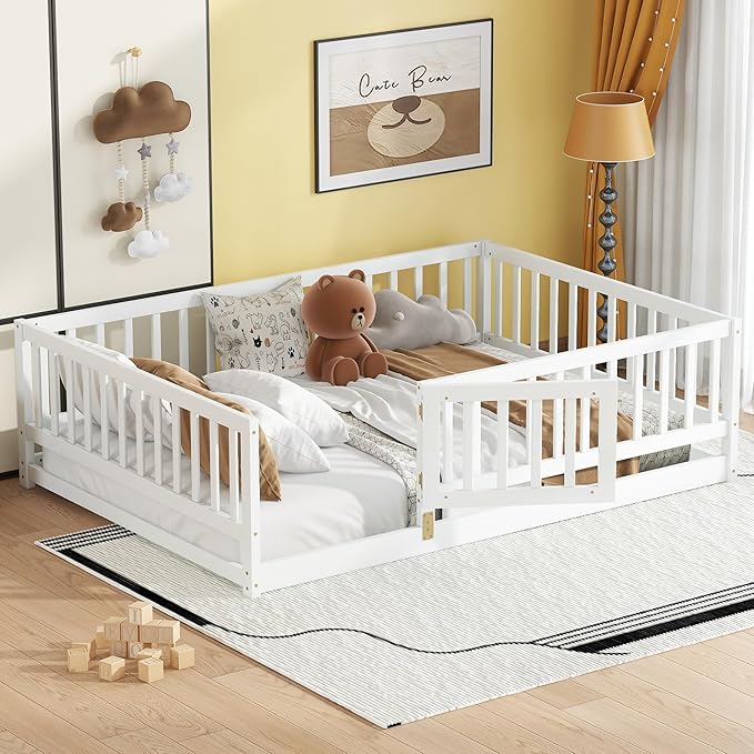 Full Size Floor Bed Frame with Door and Slats,Montessori Floor Bed with Safety Guardrails for Girls Boys,Solid Wood Kids Montessori Bed Full Size,White