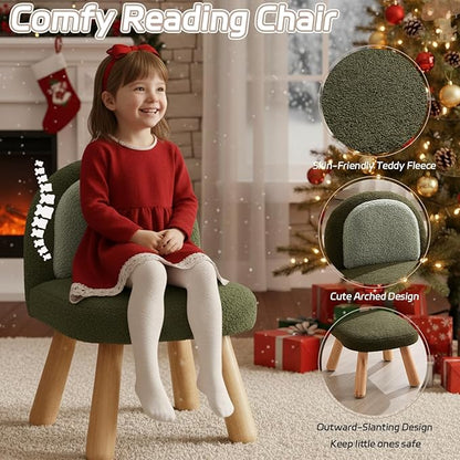 Kid Chairs Sherpa Toddler Chairs Comfy Kids Desk Chair, Wood Toddler Couch Sofa, Soft Kid Reading Chair with Padded Back, Boy Girls Chair for Deskk, Desk Chair for Kids Bedroom/Playroom, Green