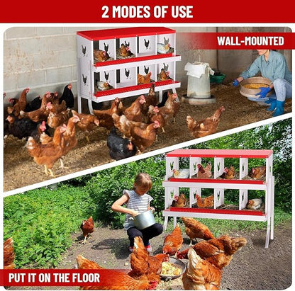 Metal Chicken Nesting Box, 8 Compartments, Rollout Egg Collection, Large Vented Holes, Perch Included, Wall Mount or Free Standing Laying Box for Hens and Chickens - Red with Legs