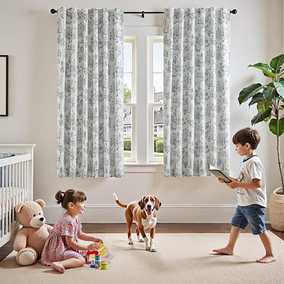 jinchan 95% Blackout Nursery Curtains 63 Inches Long, Bunny Woodland Toile Curtains Blue on Beige Animal Printed Drapes for Bedroom Rod Pocket Thermal Insulated Farmhouse Window Treatment 2 Panels