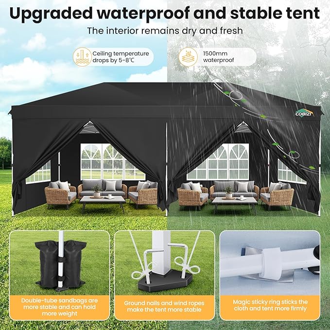 COBIZI 10x20 Pop Up Canopy Tent with 6 Removable Sidewalls,Waterproof & UV 50+ Easy Up Canopy,Commercial Gazebo with Air Vent,4 Sand Bags,4 Stakes & 8 Ropes,Tents for Parties/Camping/Backyard,Black