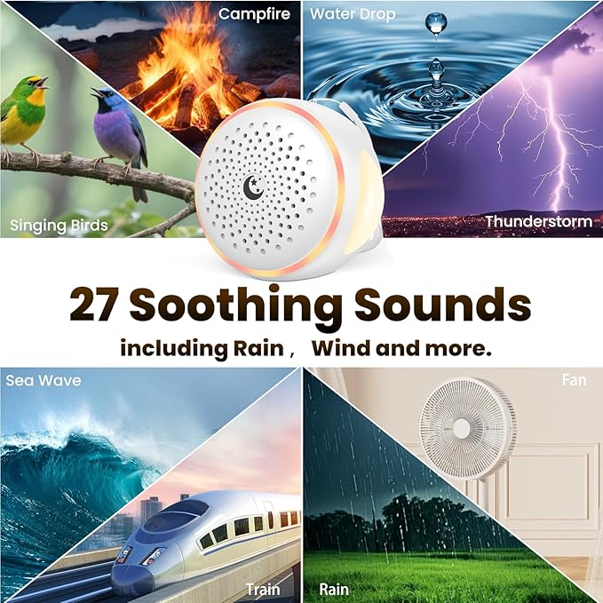 Portable White Noise Machine with Rechargeable Battery, 27 Soothing Sounds & Night Light, Sleep Soother for Baby Adults, 24H Playtime, Compact Travel Sound Machine for Home Office Nursery