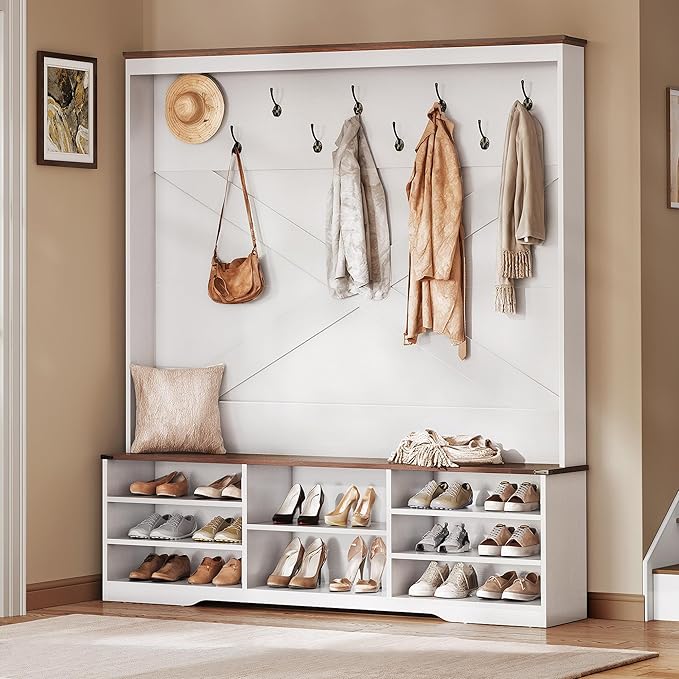 YITAHOME Hall Tree with Bench and Shoe Storage, Mudroom Storage Modern Shoe Cabinet with Bench & 9 Double Prong Hooks, for Entryway & Living Room, Walnut & Off-White