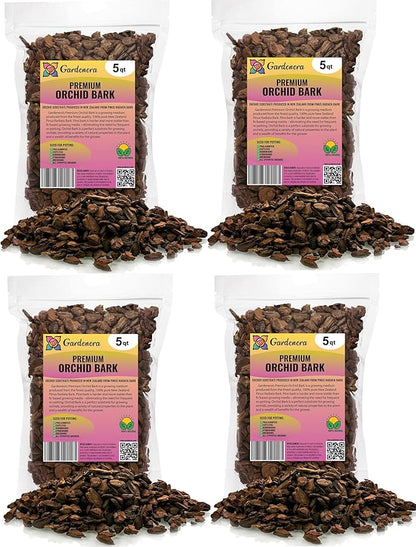 Premium Grade New Zealand Pinus Radiata Bark by Gardenera - 20 Quart - Organic Hand Mixed New Zealand Pine Bark for Orchids - Medium Chips 9-12mm - 4 Bags of 5 Quart