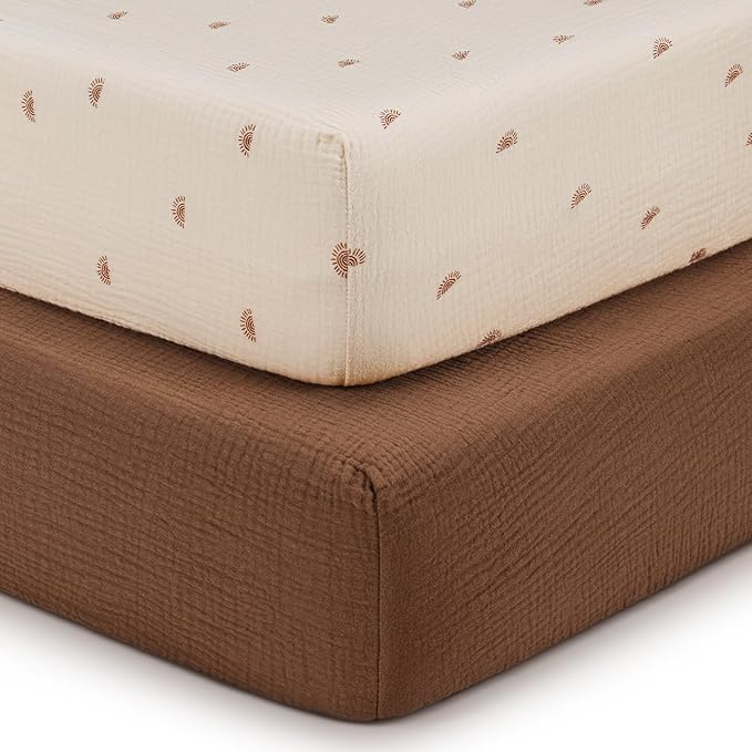 Blissful Diary Muslin Crib Sheets for Girl Boy, Boho Neutral Soft Cotton Baby Sheet for 52''x28'' Standard Crib Mattress, 2 Pack(Sunshine&Brown)