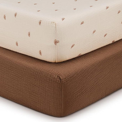 Blissful Diary Muslin Crib Sheets for Girl Boy, Boho Neutral Soft Cotton Baby Sheet for 52''x28'' Standard Crib Mattress, 2 Pack(Sunshine&Brown)