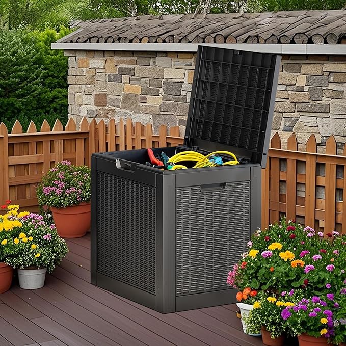 NUNU LAB 30 Gallon Waterproof Outdoor Storage Box, Lockable Resin Deck Box Bench for Patio Cushions, Garden Tools, Pool Accessories & Package Deliveries – Black