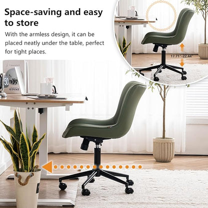 YOUNIKE Armless Home Office Desk Chair with Wheels Compact Comfy Vanity Chair with Adjustable Back Modern Small Leather Upholstered Rolling Swivel Cute Task Drafting Sewing Chair No Arms Olive Green
