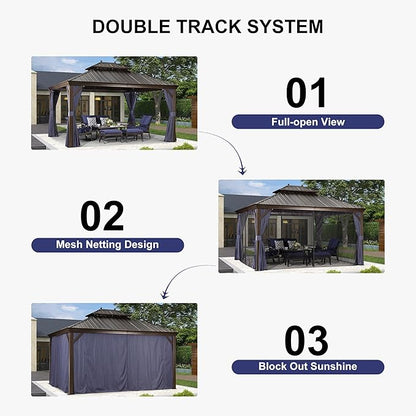 PURPLE LEAF 12' X 14' Hardtop Gazebo Canopy with Curtains and Netting for Patio Deck Backyard Heavy Duty Sunshade UV Protection Metal Outdoor Permanent Pavilion