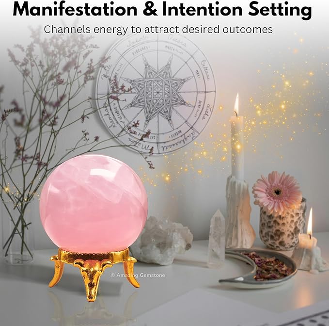 Amazing Gemstone Rose Quartz Crystal Ball with Stand - 2 Inches Crystal Sphere Meditation Balls for Witchcraft and Decorative Balls