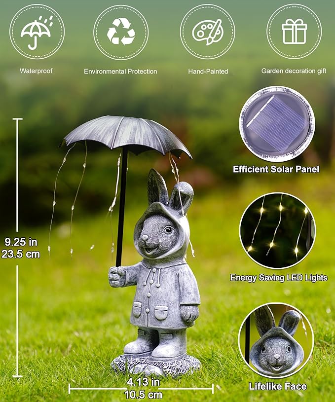 Solar Rabbit Garden Statue Outdoor Decor, Bunny Figurines Lights with Umbrella for Outside Yard Lawn Ornaments,Gifts for Mother's Day Birthday Easter Housewarming(Grey)