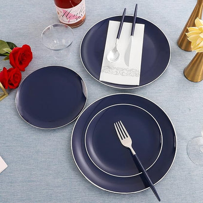 KIRE 175Pcs Blue Plastic Plates with Silver Rim & Disposable Silverware with Blue Handle & Silver-rim Cups & Hand Napkin & Plastic Dinnerware for Parties/Wedding