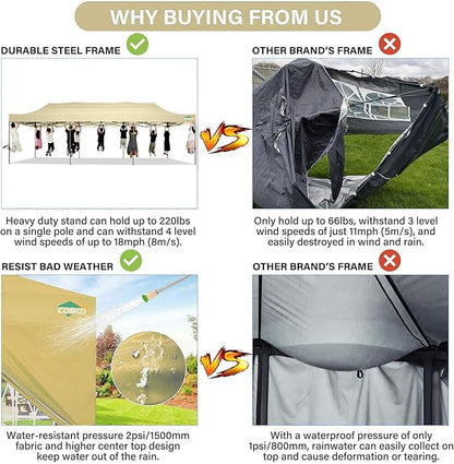 COBIZI 10x30 Pop up Canopy Tent 10x30 Canopy with Sidewall Waterproof Heavy Duty Commercial for Parties Outdoor Garden Gazebo Tent, Carry Bag with Wheel(10x30ft with Sidewalls,Khaki)