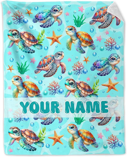 Personalized Turtle Gifts for Girls - 40" x 50" Inches Cute Turtle Throw Blanket for Boys Kids - Green Soft Fuzzy Blankets for Sofa, Crib & Bed